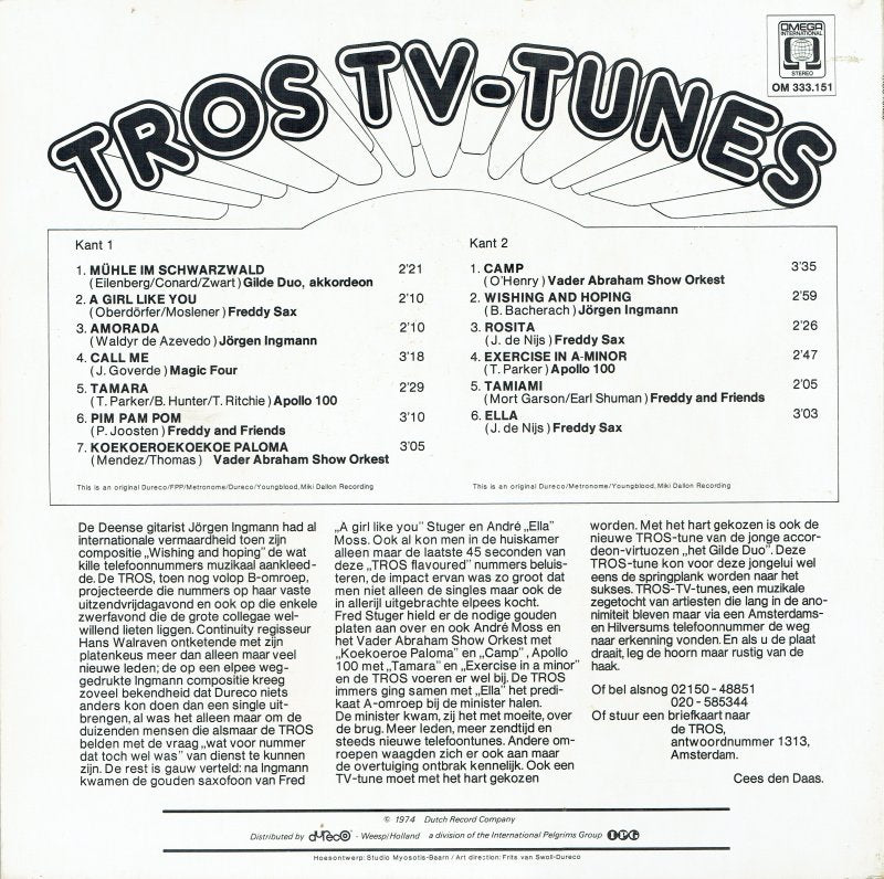 Various - Tros T.V. Tunes (LP) Vinyl LP Vinyl Very Good (VG) <br> Hoes Good Plus (G+)
