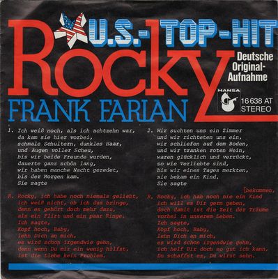 Frank Farian - Rocky Vinyl Singles Media VG+ / Sleeve G+