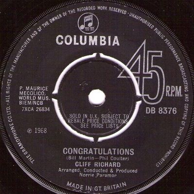 Cliff Richard - Congratulations Vinyl Singles Media VG+ / Sleeve Generic
