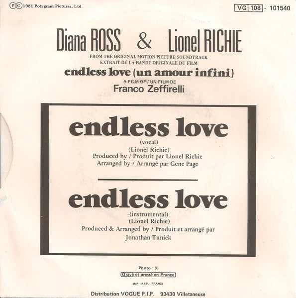 Diana Ross & Lionel Richie - Endless Love Vinyl Singles Vinyl Very Good (VG) <br> Hoes Good Plus (G+)