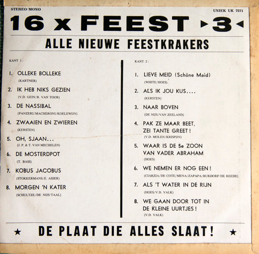 Various - 16 X Feest 3 (LP) Vinyl LP Vinyl Zeer Goed / Hoesje Goed "VINYLSINGLES.NL"