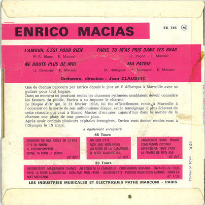 Enrico Macias - L'amour, C'est Pour Rien Vinyl Singles EP Vinyl Very Good (VG) <br> Hoes Good Plus (G+)