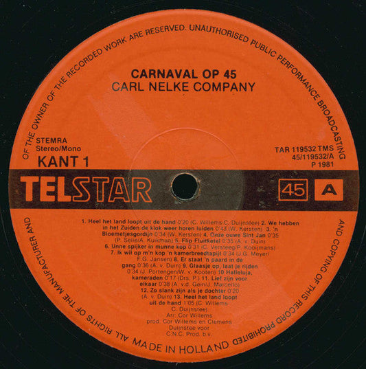 Carl Nelke Company - Carnaval Op 45 (LP) Vinyl LP Vinyl Zeer Goed / Hoesje Goed "VINYLSINGLES.NL"