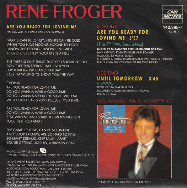 René Froger - Are You Ready For Loving Me (The 7" PWL Beach-Mix) Vinyl Singles Vinyl Very Good (VG) <br> Hoes Good Plus (G+)