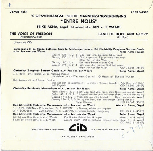 S Gravenhaags Politie Mannenzangvereniging Entre Nous - The Voice Of Freedom (B-Keus) Vinyl Singles Vinyl Zeer Goed / Hoesje Goed "VINYLSINGLES.NL"