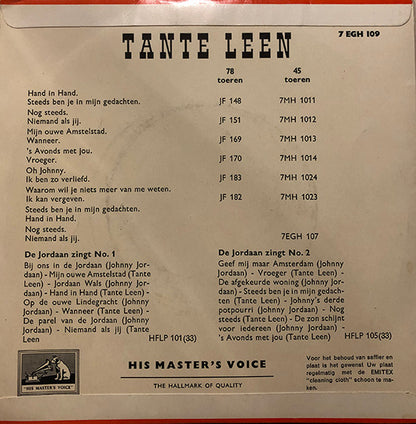 Tante Leen - Oh Johnny Vinyl Singles Vinyl Zeer Goed / Hoesje Goed "VINYLSINGLES.NL"