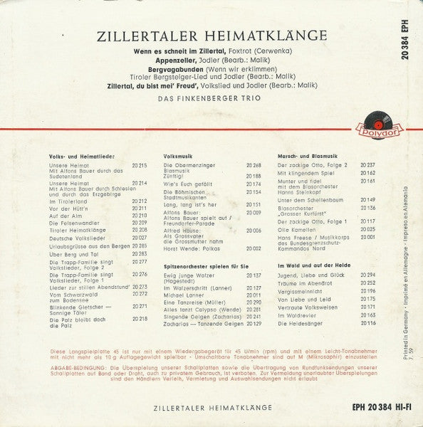 Finkenberger Trio - Zillertaler Heimatklänge Vinyl Singles EP Vinyl Very Good (VG) <br> Hoes Good Plus (G+)