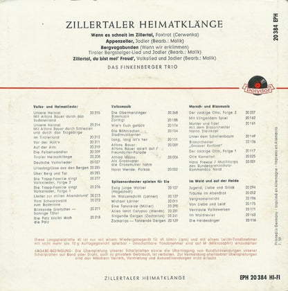 Finkenberger Trio - Zillertaler Heimatklänge Vinyl Singles EP Vinyl Very Good (VG) <br> Hoes Good Plus (G+)