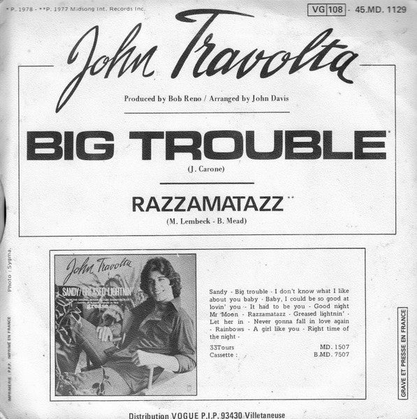 John Travolta - Big Trouble Vinyl Singles Vinyl Very Good (VG) <br> Hoes Good Plus (G+)