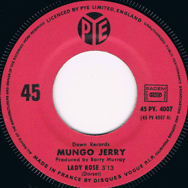 Mungo Jerry - Lady Rose Vinyl Singles Vinyl Very Good (VG) <br> Hoes Good Plus (G+)