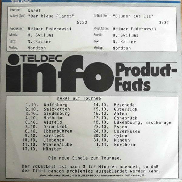 Karat - Der Blaue Planet Vinyl Singles Vinyl Very Good (VG) <br> Hoes Good Plus (G+)