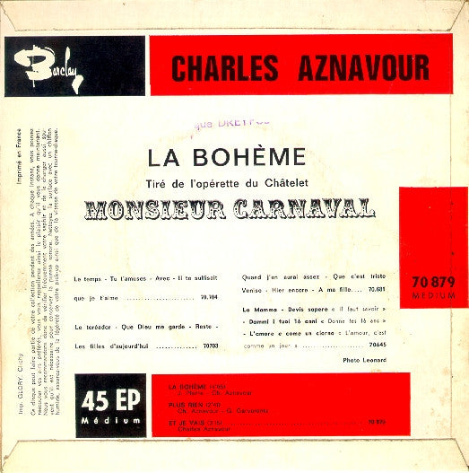 Charles Aznavour - La Bohême Vinyl Singles Vinyl Very Good (VG) <br> Hoes Good Plus (G+)