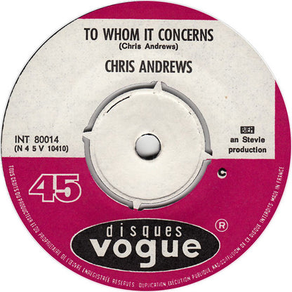 Chris Andrews - To Whom It Concerns Vinyl Singles Vinyl Very Good (VG) <br> Hoes Generic