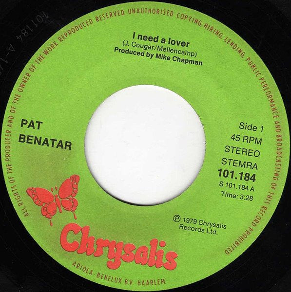 Pat Benatar - I Need A Lover Vinyl Singles Vinyl (VG) <br> Hoes Generic