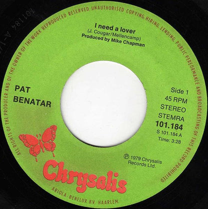 Pat Benatar - I Need A Lover Vinyl Singles Vinyl (VG) <br> Hoes Generic