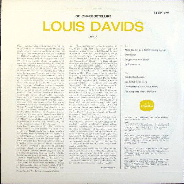 Louis Davids - De Onvergetelijke Louis Davids Deel 3 (10") Vinyl LP 10" Vinyl Zeer Goed / Hoesje Goed "VINYLSINGLES.NL"