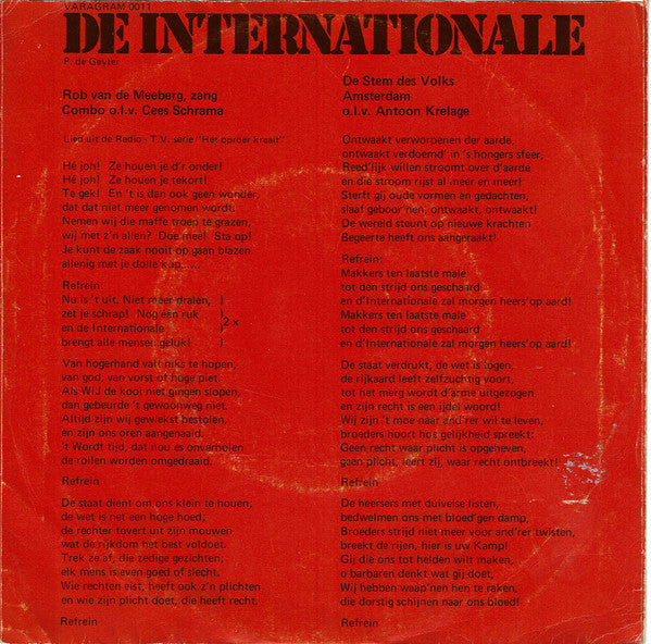 Rob van de Meeberg / De Stem Des Volks - De Internationale 38307 Vinyl Singles Goede Staat