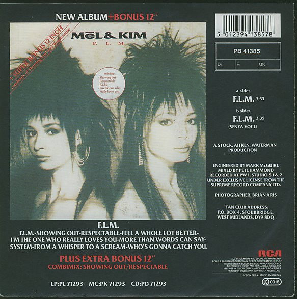 Mel & Kim - F.L.M. Vinyl Singles Vinyl Very Good (VG) <br> Hoes Good Plus (G+)