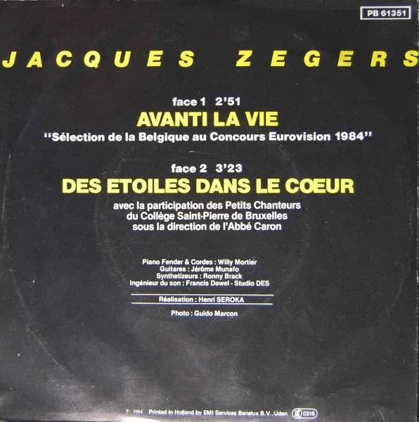 Jacques Zegers - Avanti La Vie Vinyl Singles Vinyl Very Good (VG) <br> Hoes Good Plus (G+)