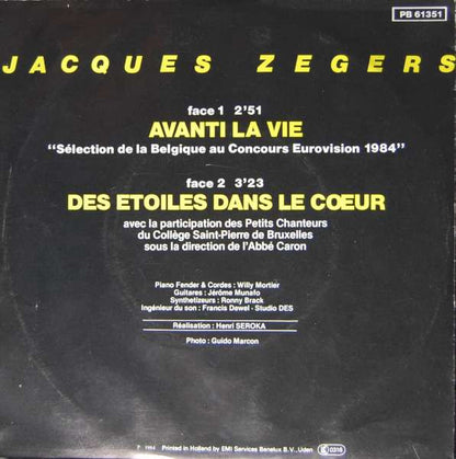 Jacques Zegers - Avanti La Vie Vinyl Singles Vinyl Very Good (VG) <br> Hoes Good Plus (G+)