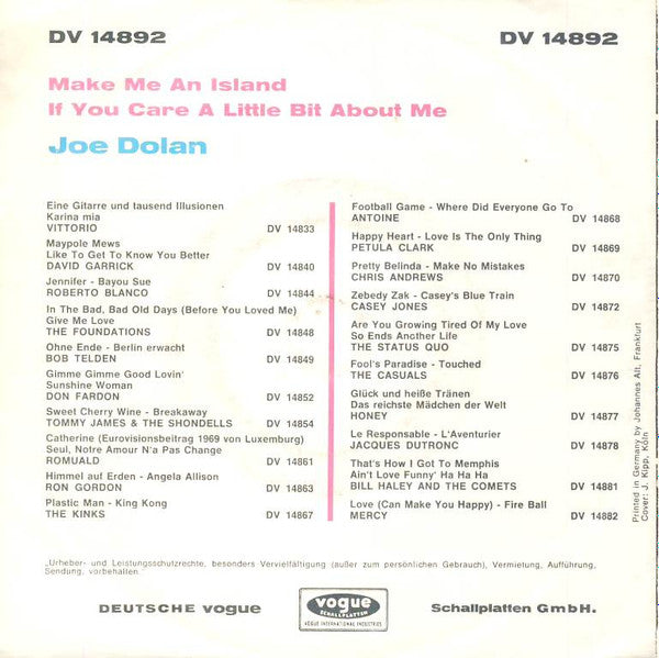 Joe Dolan - Make Me An Island 42873 Vinyl Singles Vinyl Very Good (VG) <br> Hoes Good Plus (G+)