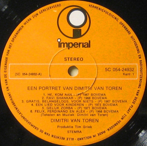 Dimitri Van Toren - Een Portret Van Dimitri Van Toren (LP) Vinyl LP Vinyl Very Good (VG) <br> Hoes Good Plus (G+)