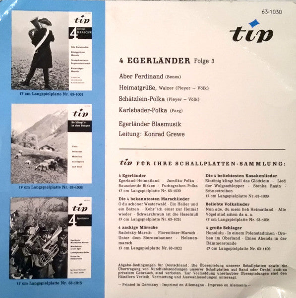 Egerländer Blasmusik, Konrad Grewe - 4 Egerländer Folge 3 Vinyl Singles EP Vinyl Very Good (VG) <br> Hoes Good Plus (G+)