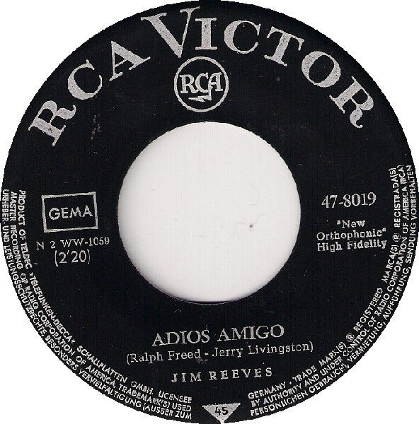 Jim Reeves - Adios Amigo Vinyl Singles Vinyl Goed / Hoes Generic