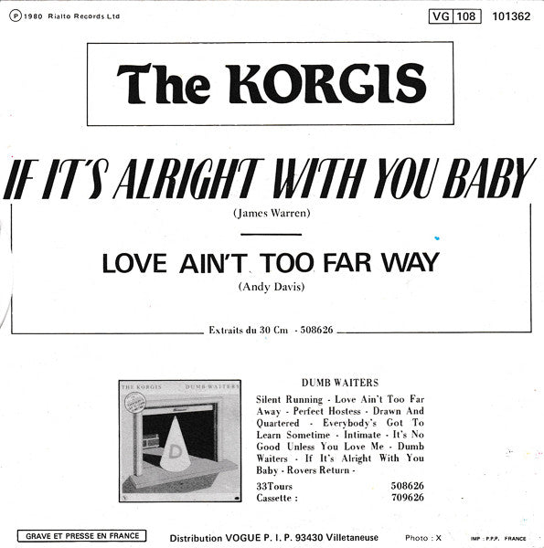 Korgis - If It's Alright With You Baby Vinyl Singles Vinyl Very Good (VG) <br> Hoes Good Plus (G+)