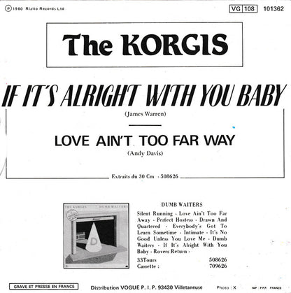Korgis - If It's Alright With You Baby Vinyl Singles Vinyl Very Good (VG) <br> Hoes Good Plus (G+)