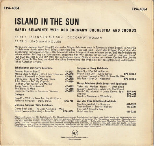 Harry Belafonte - Island In The Sun (Musik Aus Dem Centfox-Film "Heisse Erde") Vinyl Singles EP Vinyl Zeer Goed / Hoesje Goed "VINYLSINGLES.NL"