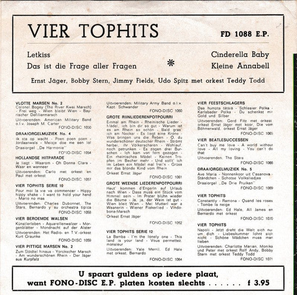 Ernst Jäger, Bobby Stern , Jimmy Fields, Udo Spitz, Orchester Teddy Todd - Vier Tophits Vinyl Singles Vinyl Very Good (VG) <br> Hoes Good Plus (G+)