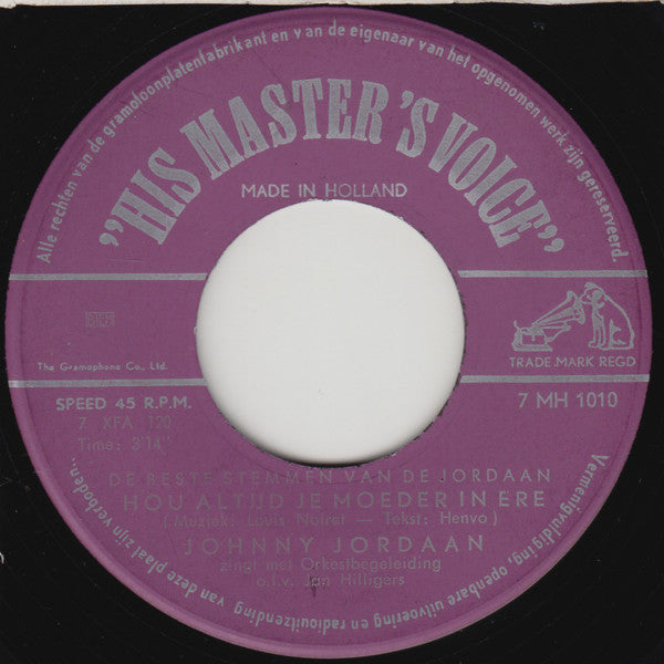 Johnny Jordaan - Moeder, 'k Ben Toch Zo Blij Als U Lacht Vinyl Singles Vinyl Zeer Goed / Hoesje Generic "VINYLSINGLES.NL"