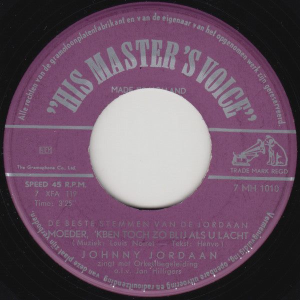 Johnny Jordaan - Moeder, 'k Ben Toch Zo Blij Als U Lacht Vinyl Singles Vinyl Zeer Goed / Hoesje Generic "VINYLSINGLES.NL"