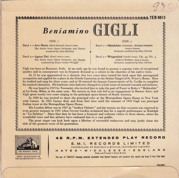 Beniamino Gigli - Ave Maria Vinyl Singles Vinyl Very Good (VG) <br> Hoes Good Plus (G+)