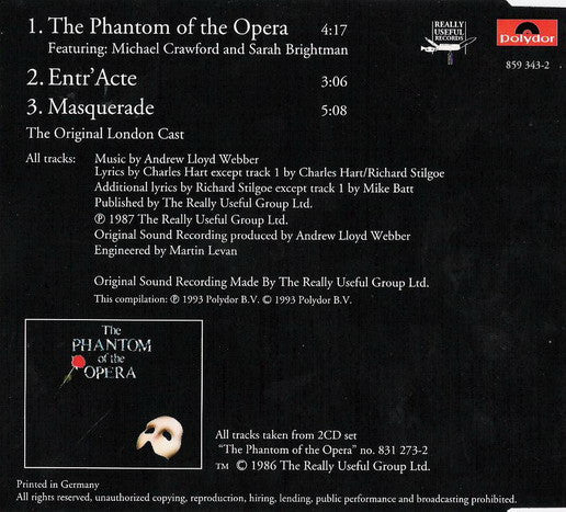 Andrew Lloyd Webber - Excerpts From The Phantom Of The Opera (CD) (B-Keus) Compact Disc Goede Staat "VINYLSINGLES.NL"