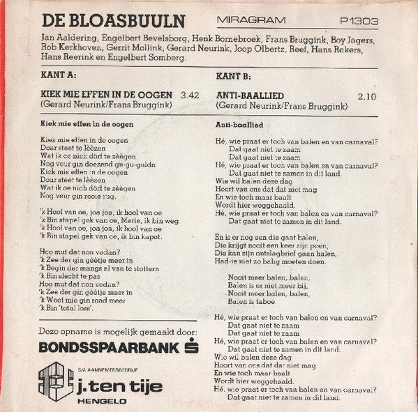 Bloasbuuln, Twents Jeugd Harmonie Orkest - Kiek Mie Effen In De Ogen Vinyl Singles Vinyl Very Good (VG) <br> Hoes Good Plus (G+)