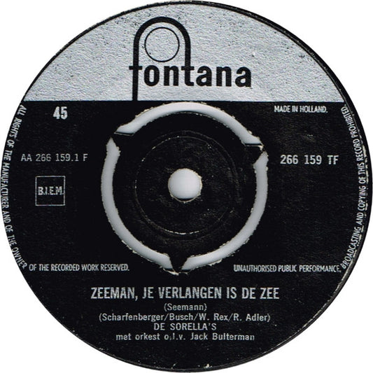 Sorella's - Zeeman, Je Verlangen Is De Zee Vinyl Singles Vinyl Very Good (VG) <br> Hoes Generic