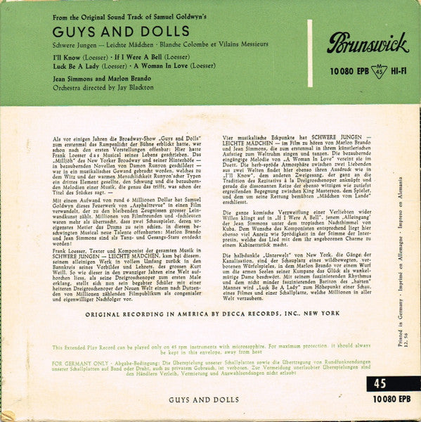 Marlon Brando / Jean Simmons - Guys And Dolls Vinyl Singles Vinyl Very Good (VG) <br> Hoes Good Plus (G+)