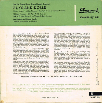 Marlon Brando / Jean Simmons - Guys And Dolls Vinyl Singles Vinyl Very Good (VG) <br> Hoes Good Plus (G+)
