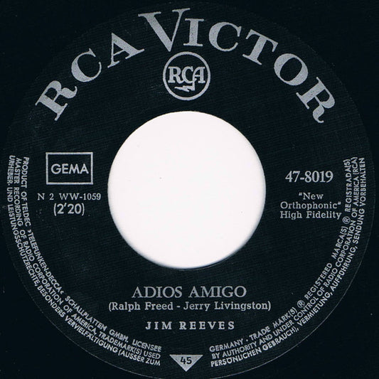 Jim Reeves - Adios Amigo Vinyl Singles Vinyl Goed / Hoes Generic