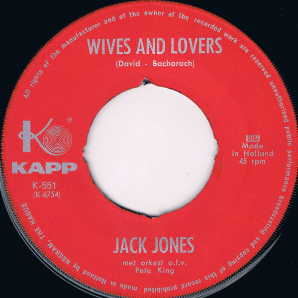 Jack Jones - Wives And Lovers Vinyl Singles Vinyl Very Good (VG) <br> Hoes Generic