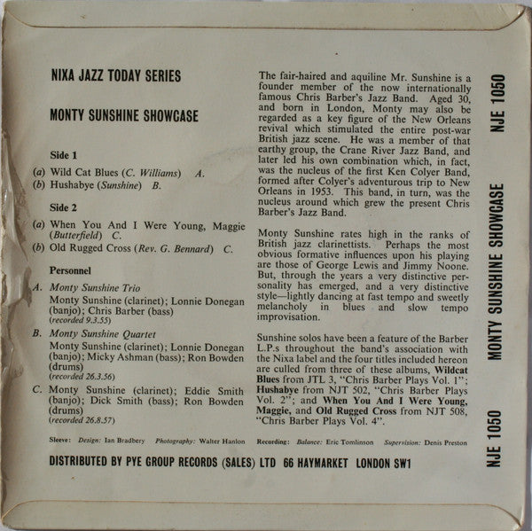 Monty Sunshine's Trio / The Monty Sunshine Quartet - Monty Sunshine Showcase Vinyl Singles EP Vinyl Very Good (VG) <br> Hoes Good Plus (G+)