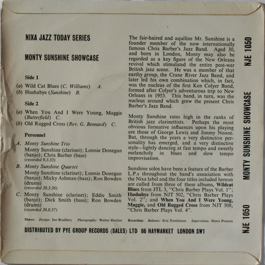 Monty Sunshine's Trio / The Monty Sunshine Quartet - Monty Sunshine Showcase Vinyl Singles EP Vinyl Zeer Goed / Hoesje Goed "VINYLSINGLES.NL"