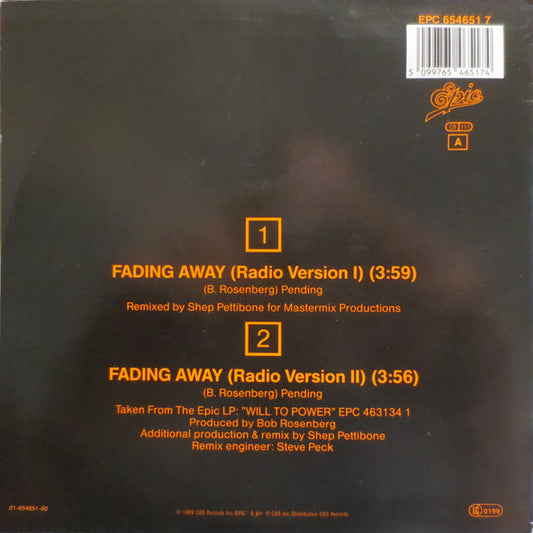 Will To Power - Fading Away Vinyl Singles Vinyl Zeer Goed / Hoesje Goed "VINYLSINGLES.NL"