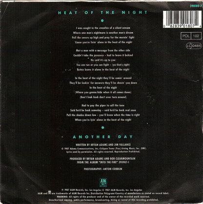 Bryan Adams - Heat Of The Night Vinyl Singles Vinyl Very Good (VG) <br> Hoes Good Plus (G+)