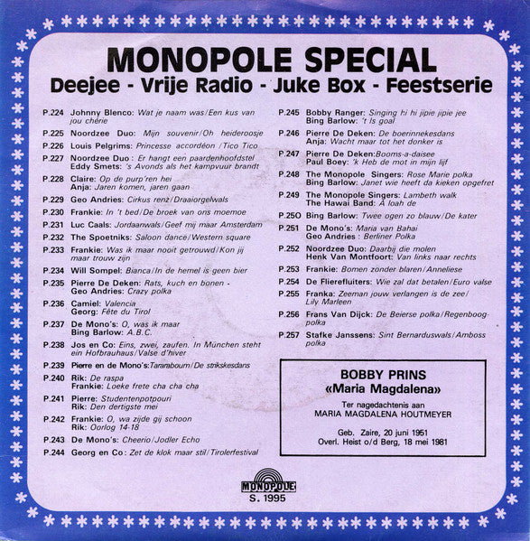 Bobby Prins - Maria Magdalena Vinyl Singles Vinyl Very Good (VG) <br> Hoes Good Plus (G+)