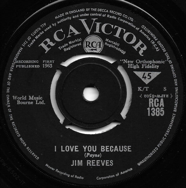 Jim Reeves - I Love You Because Vinyl Singles Vinyl Very Good (VG) <br> Hoes Good Plus (G+)