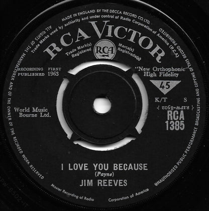 Jim Reeves - I Love You Because Vinyl Singles Vinyl Very Good (VG) <br> Hoes Good Plus (G+)