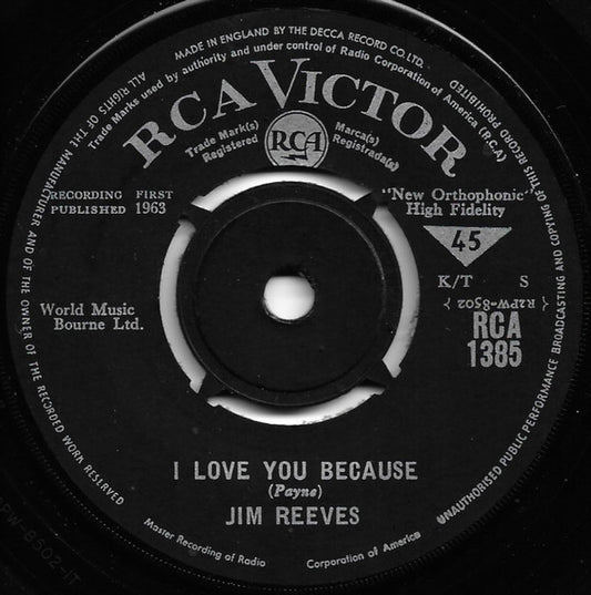 Jim Reeves - I Love You Because Vinyl Singles Vinyl Very Good (VG) <br> Hoes Good Plus (G+)